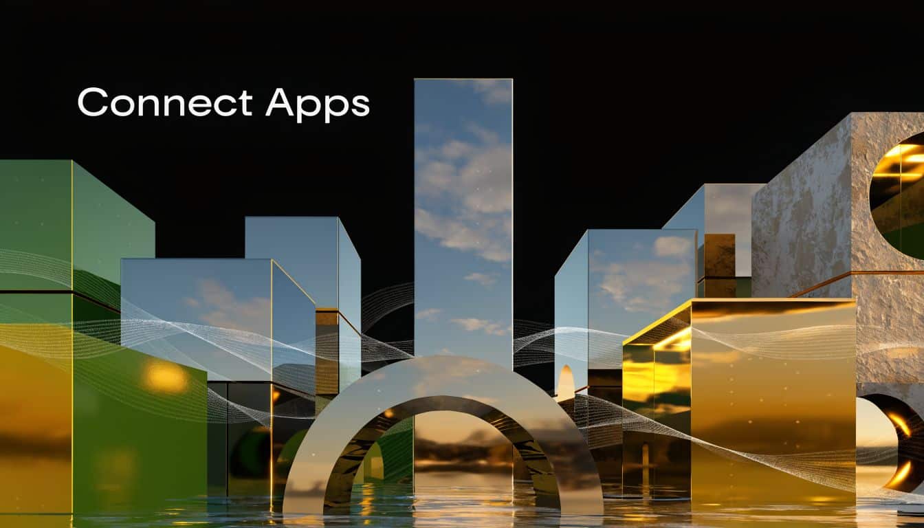 A 3D abstract digital landscape with geometric shapes and reflections representing a connected application ecosystem.