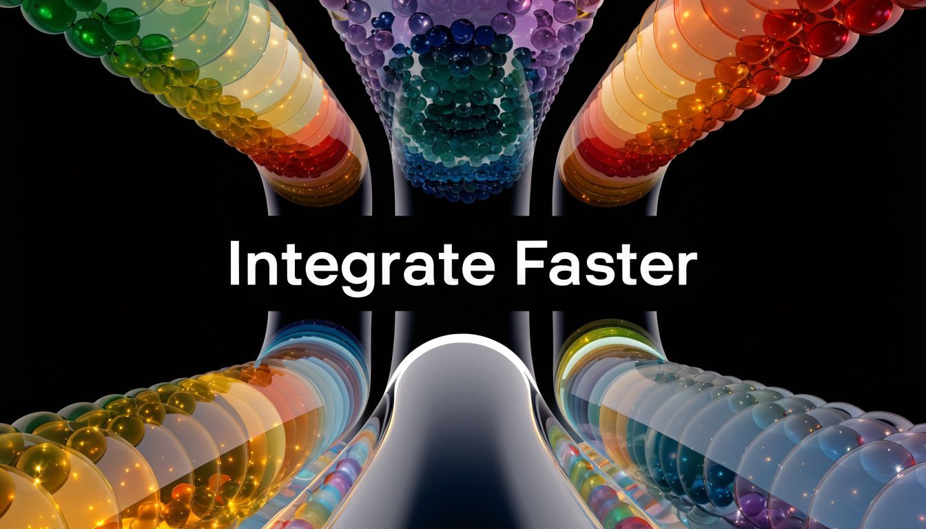 A digital graphic depicting multiple transparent glass tubes filled with colorful glass spheres, centering the text Integrate Faster.