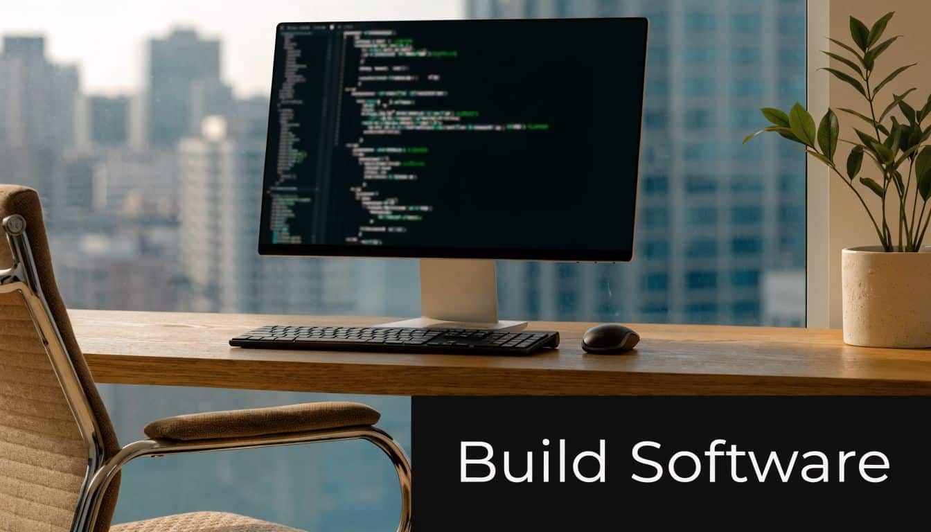 A modern workspace with a computer displaying programming code in front of a city skyline view.