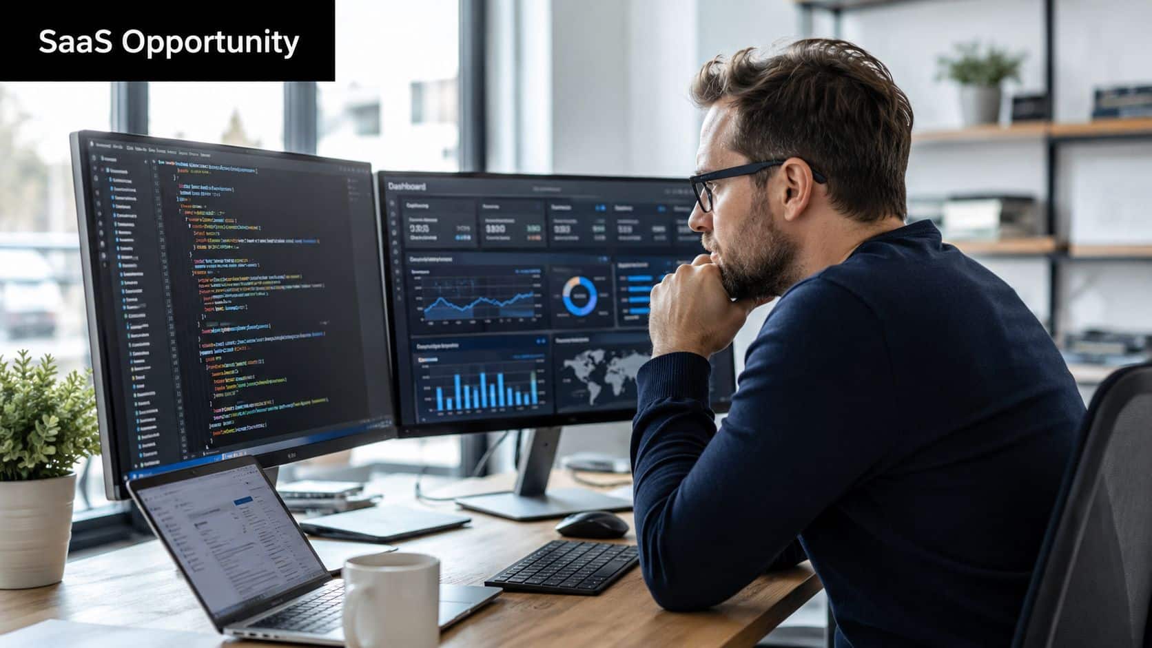 A professional developer working at a desk with three computer screens showing code and data dashboards.
