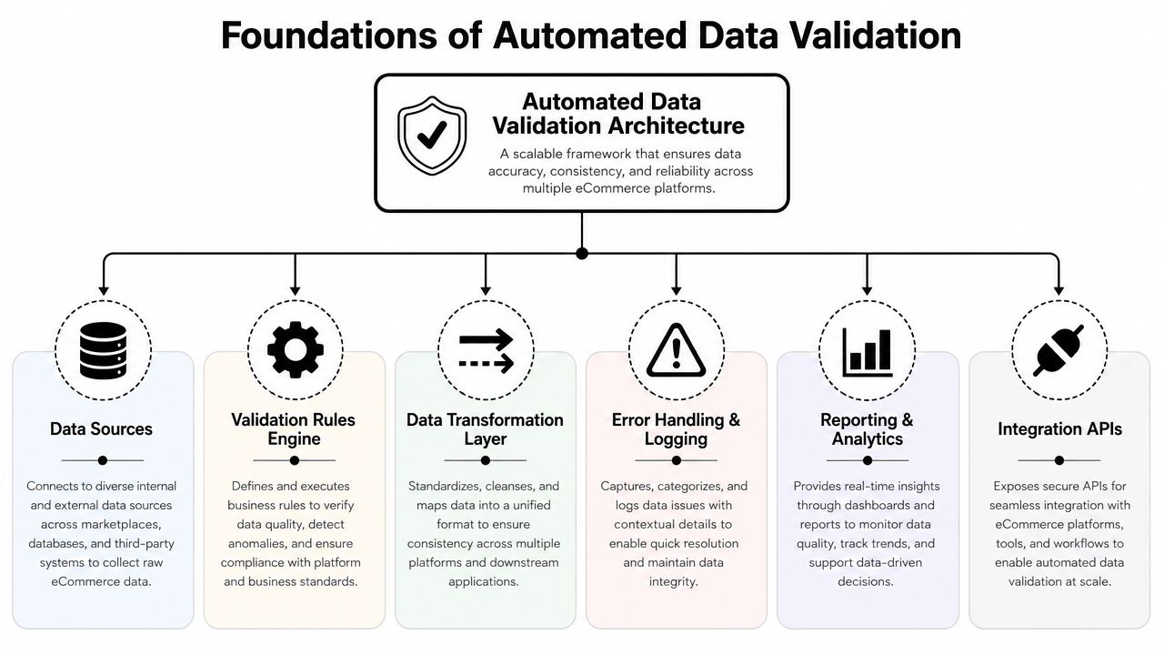 A diagram illustrating the foundational components of an automated data validation architecture for eCommerce platforms.