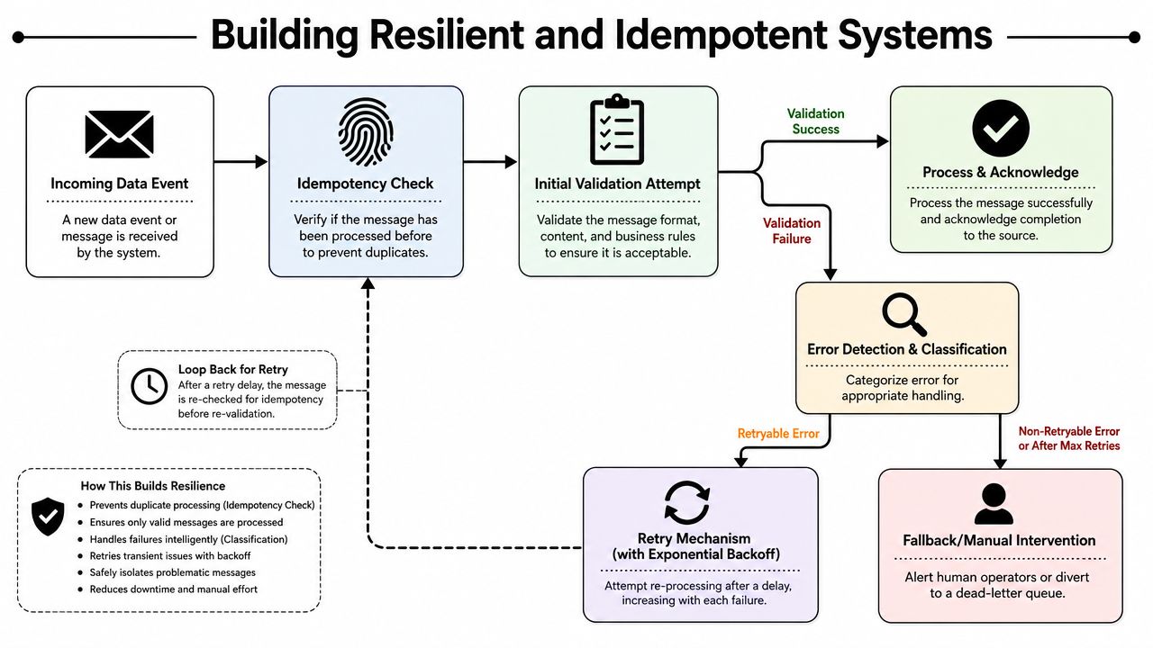 A diagram illustrating the workflow for building resilient and idempotent systems through data processing, validation, and error handling.