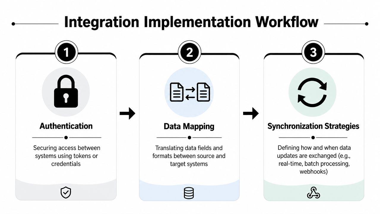 A three-step diagram outlining the Integration Implementation Workflow: Authentication, Data Mapping, and Synchronization Strategies.
