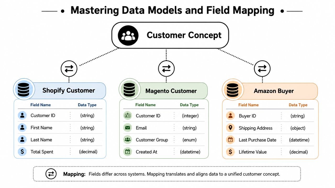 A diagram illustrating data model and field mapping between Shopify, Magento, and Amazon CRM systems.