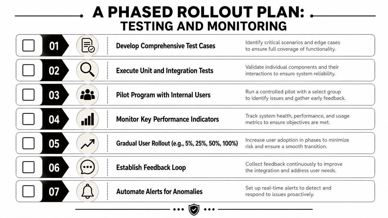 A phased rollout plan infographic detailing seven steps for system testing and monitoring processes.