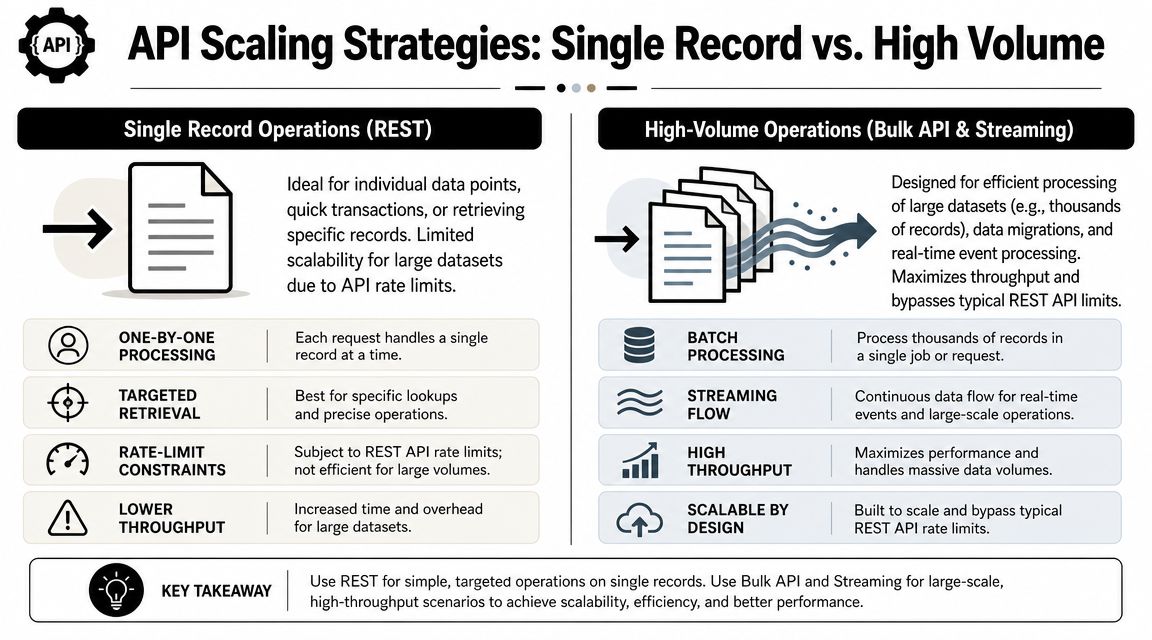A diagram comparing API scaling strategies between single record REST operations and high-volume bulk or streaming data processing.