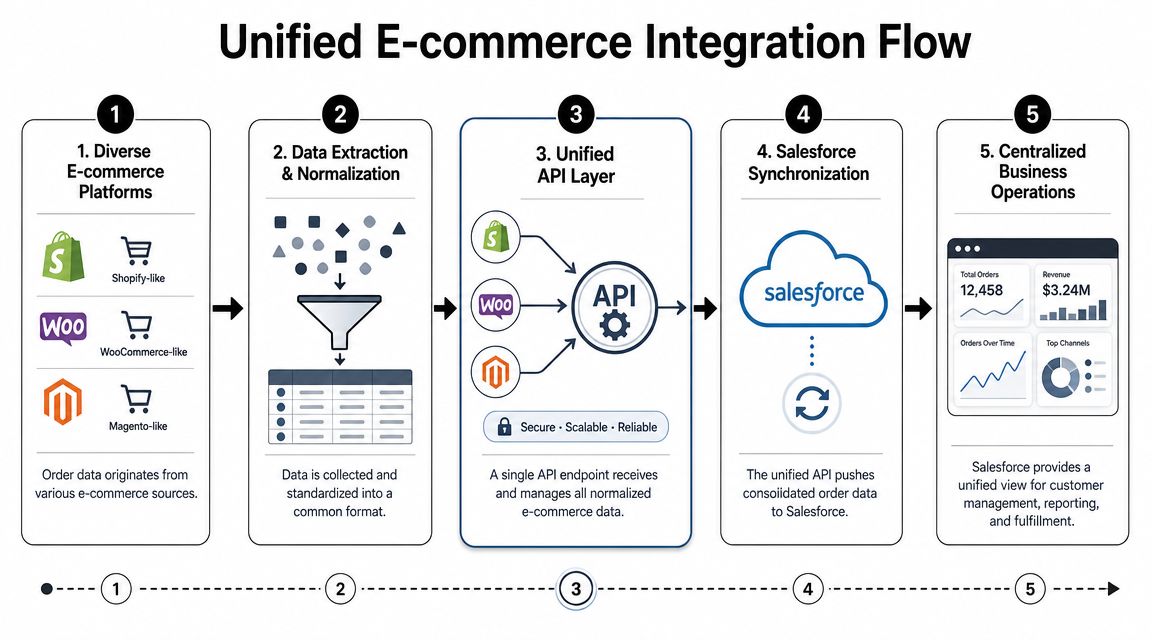 A diagram illustrating a unified e-commerce integration flow from multiple platforms into Salesforce for business operations.
