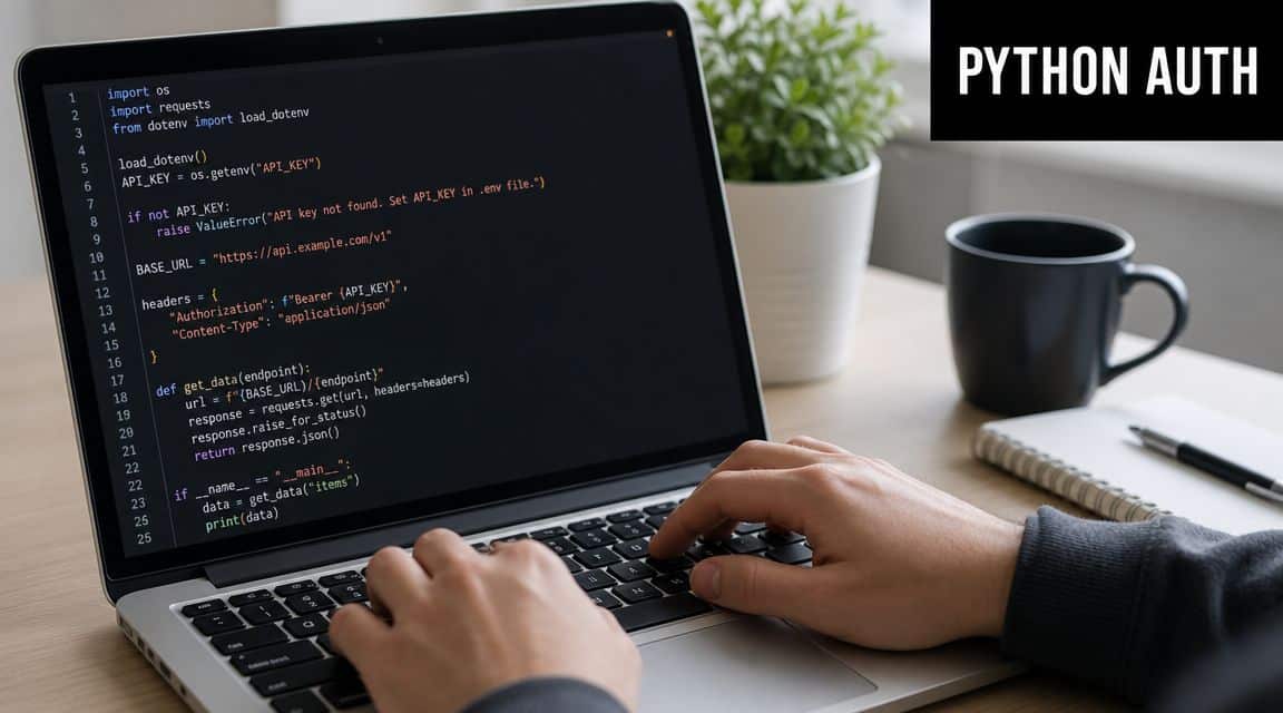 A person writing Python authentication code on a laptop screen with a cup of coffee nearby.
