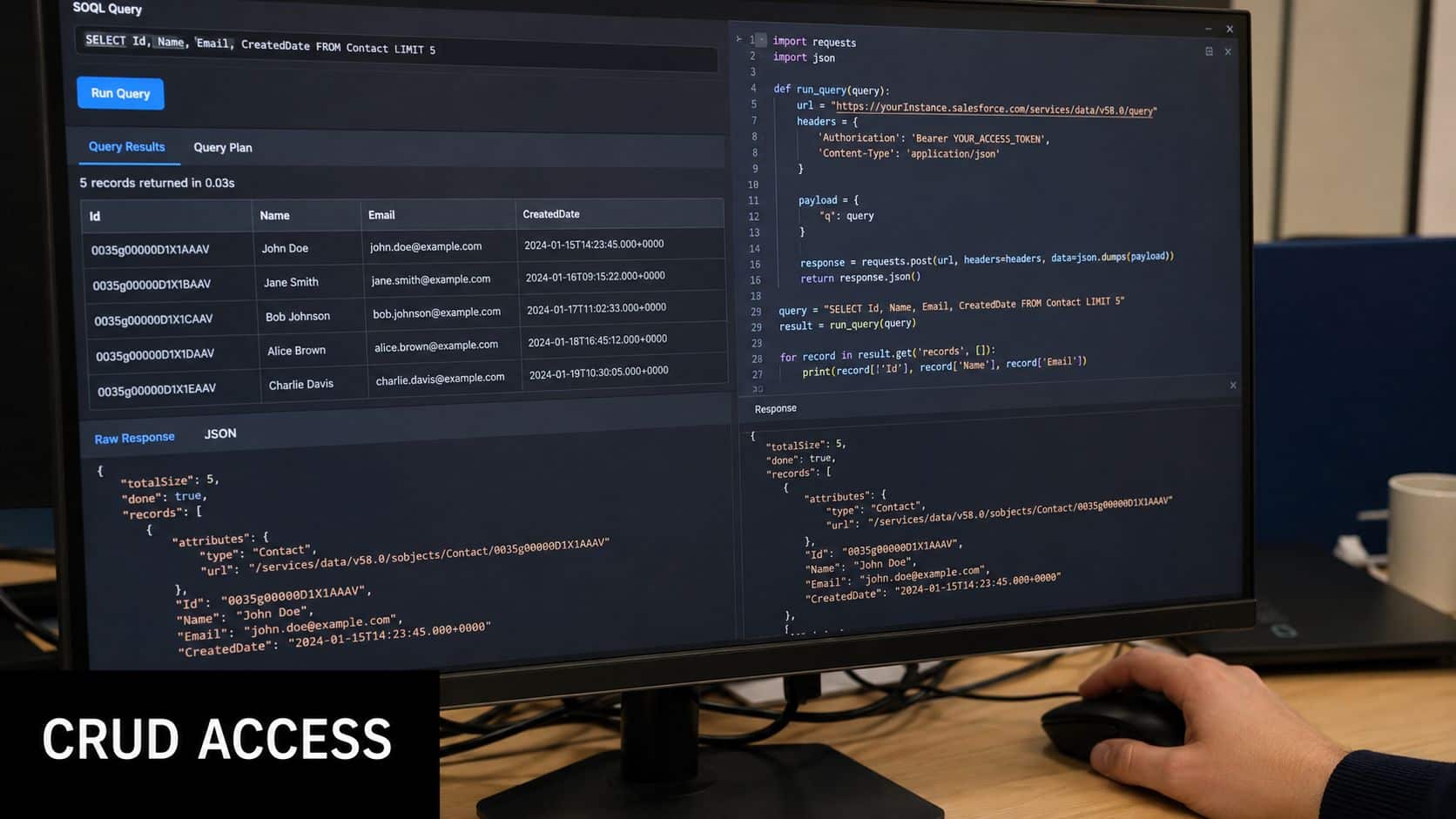 A computer screen displaying Salesforce SOQL query results and Python API integration code for data automation.