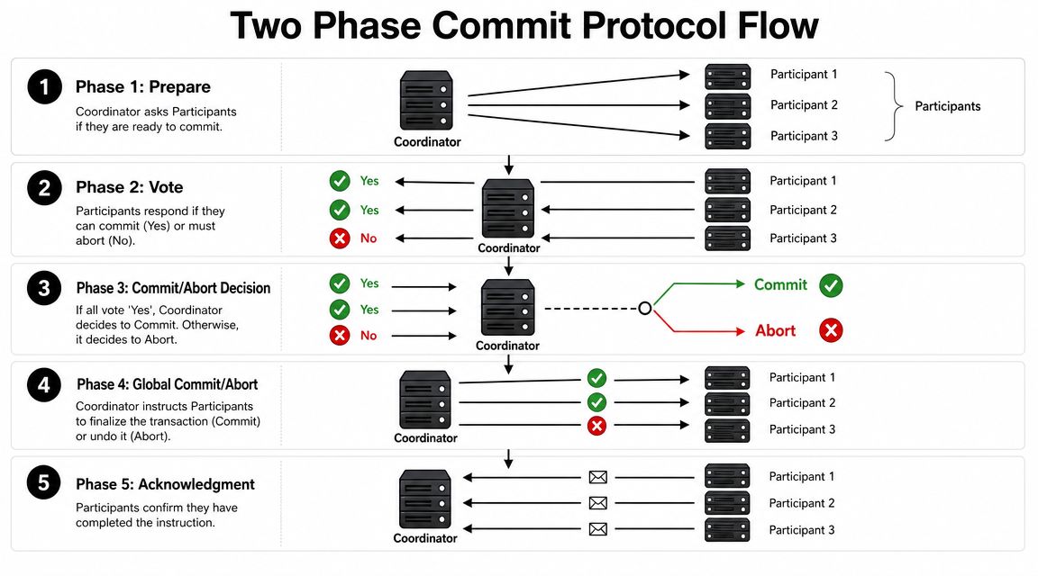 A diagram illustrating the five phases of the two-phase commit protocol used in distributed computing systems.