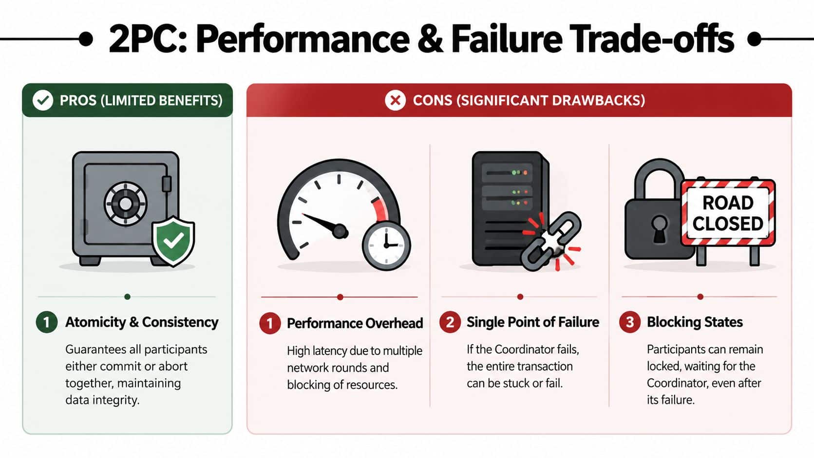 An infographic showing the pros and cons of the Two-Phase Commit (2PC) protocol in distributed systems.