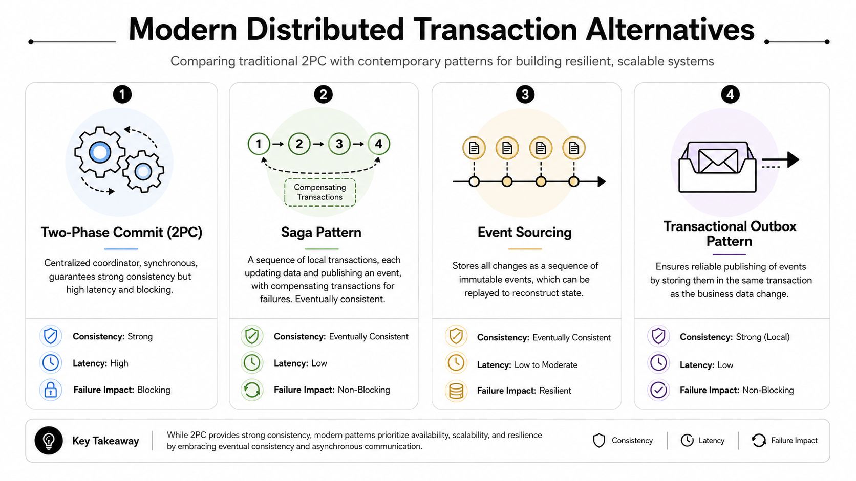 A comparison chart outlining distributed transaction alternatives including Two-Phase Commit, Saga, Event Sourcing, and Transactional Outbox patterns.
