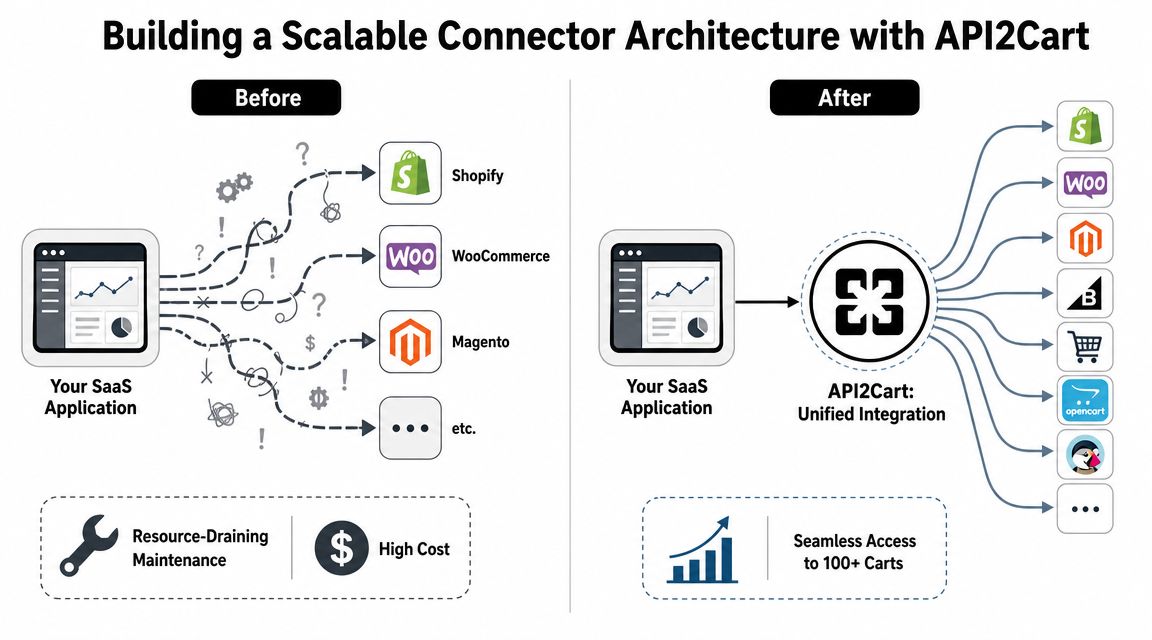 A diagram comparing the complex manual integration of various e-commerce platforms versus using API2Cart for unified access.
