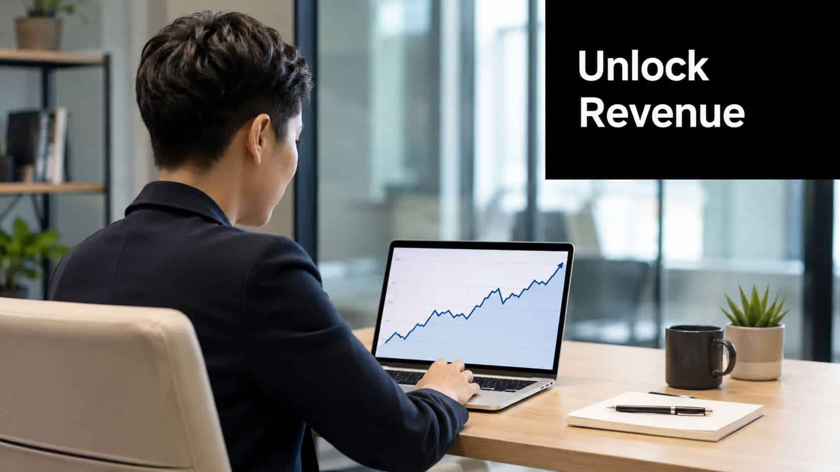 A professional analyzing a rising business growth chart on a laptop to demonstrate revenue recovery strategies.