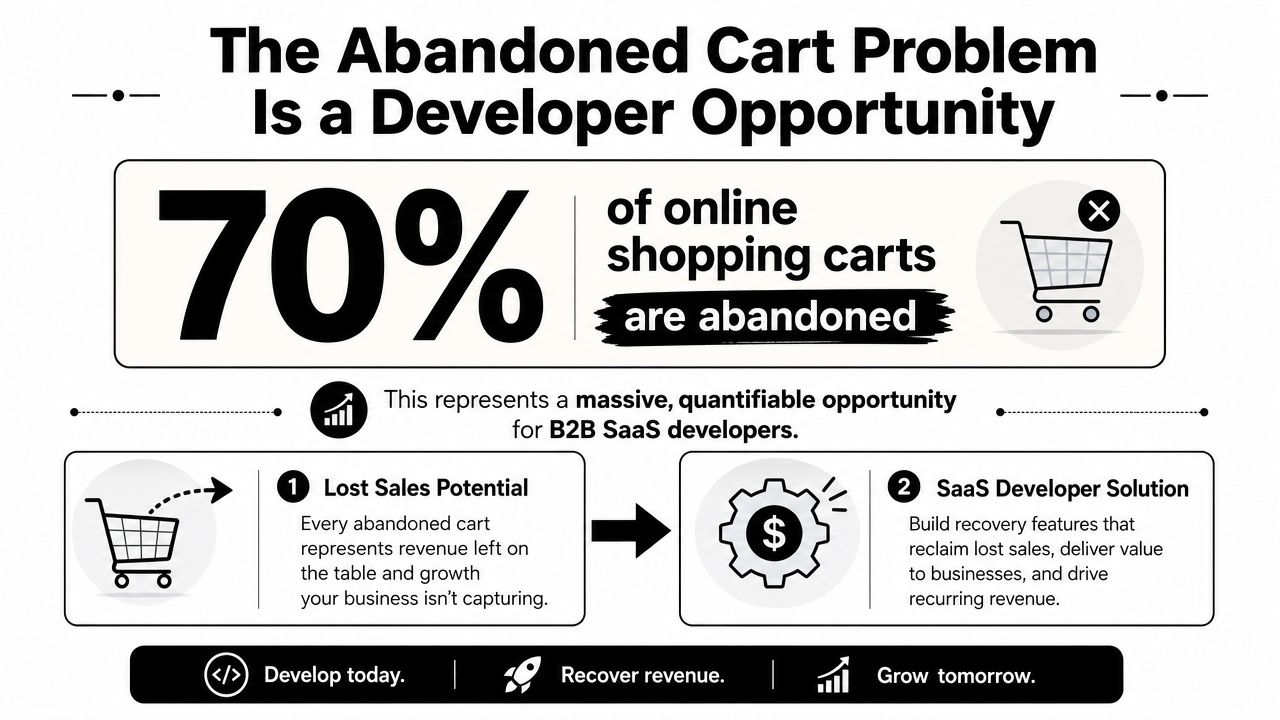 An infographic illustrating the developer opportunity to create SaaS solutions for recovering abandoned online shopping carts.