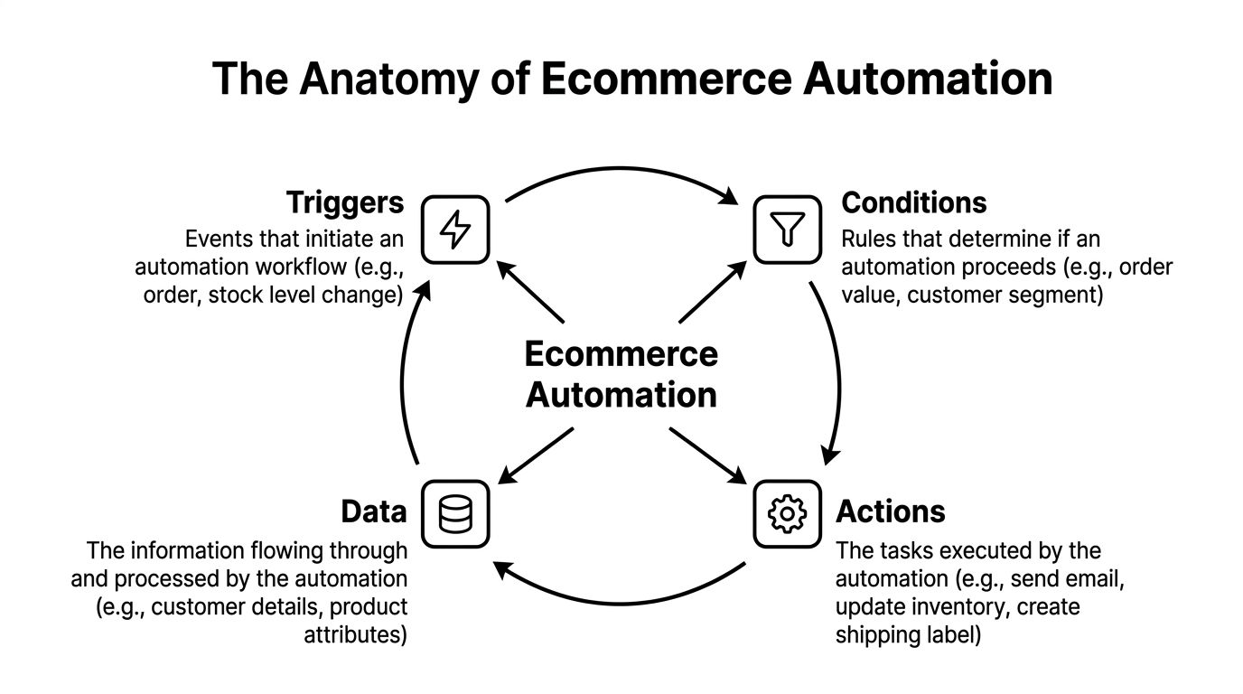 A diagram illustrating the four key components of ecommerce automation: triggers, conditions, actions, and data.