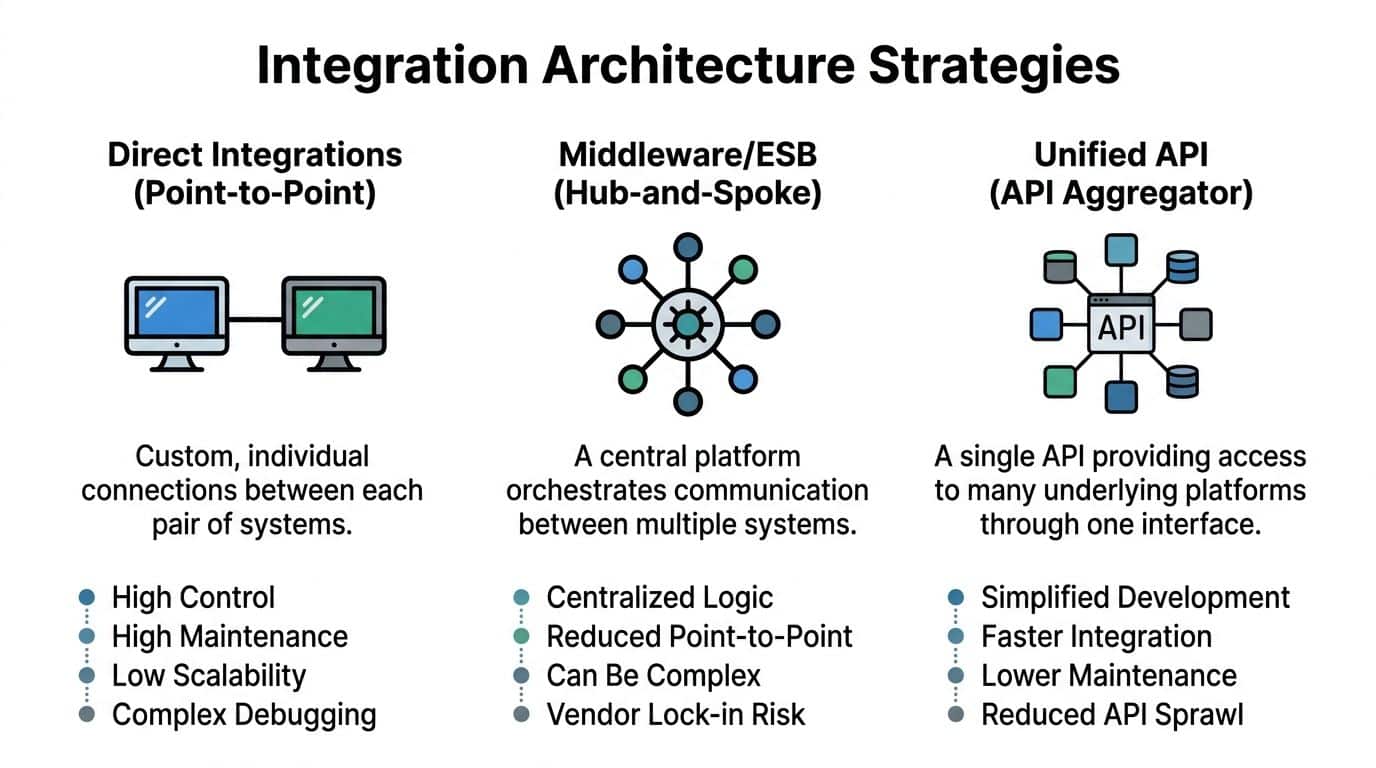 A diagram comparing three integration architecture strategies: point-to-point, middleware, and unified API aggregation for system connectivity.