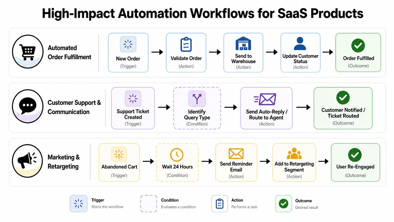 A diagram illustrating three high-impact automation workflows for SaaS products: order fulfillment, customer support, and marketing retargeting.