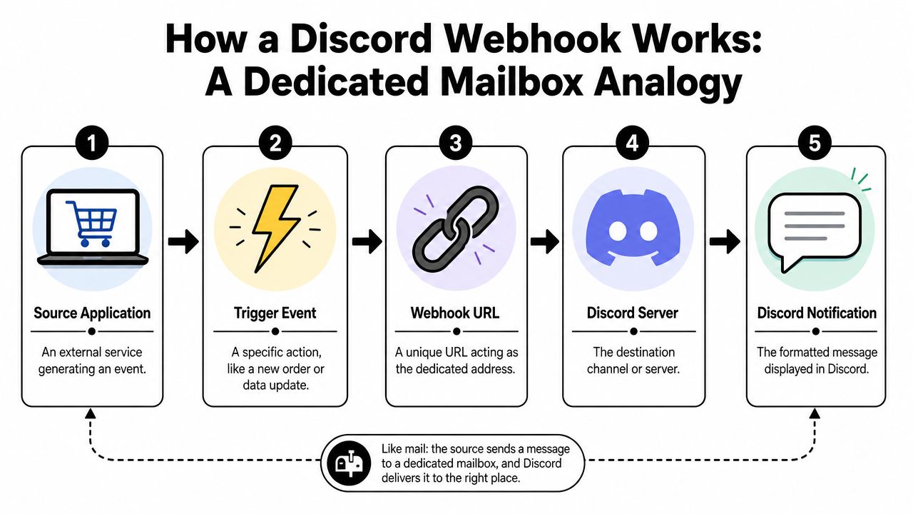 A diagram illustrating how a Discord webhook works using a step-by-step mailbox analogy from trigger to notification.