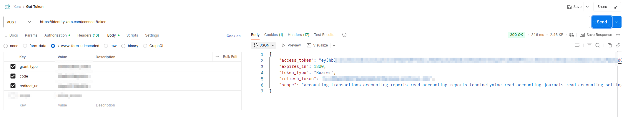 Xero OAuth token response with the refresh token used to connect Xero to API2Cart