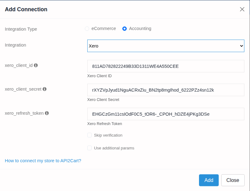 API2Cart connection form used to connect Xero to API2Cart