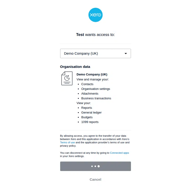 Authorize the Xero app for an organisation before you connect Xero to API2Cart