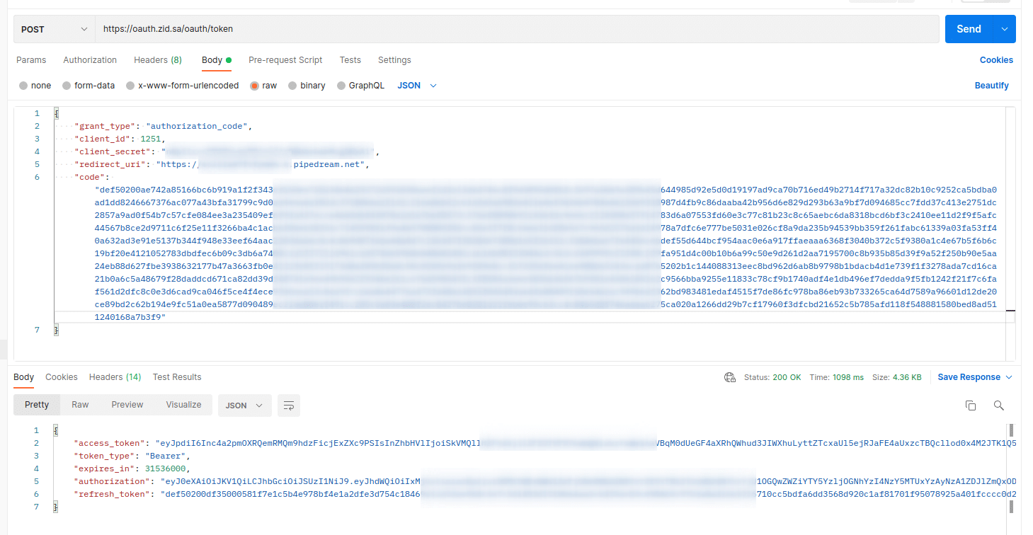 Zid OAuth token response