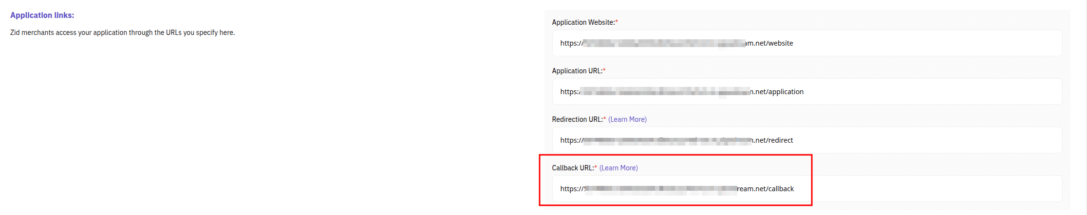 Callback URL field in the Zid application dashboard