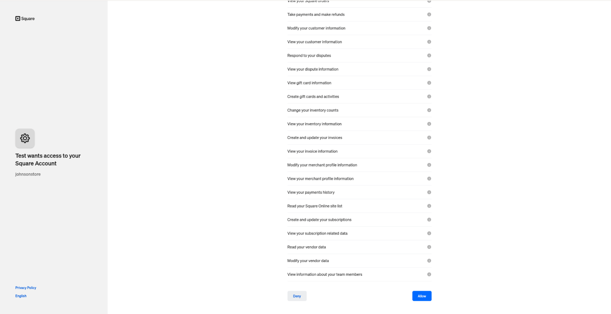 Square seller OAuth permission authorization screen