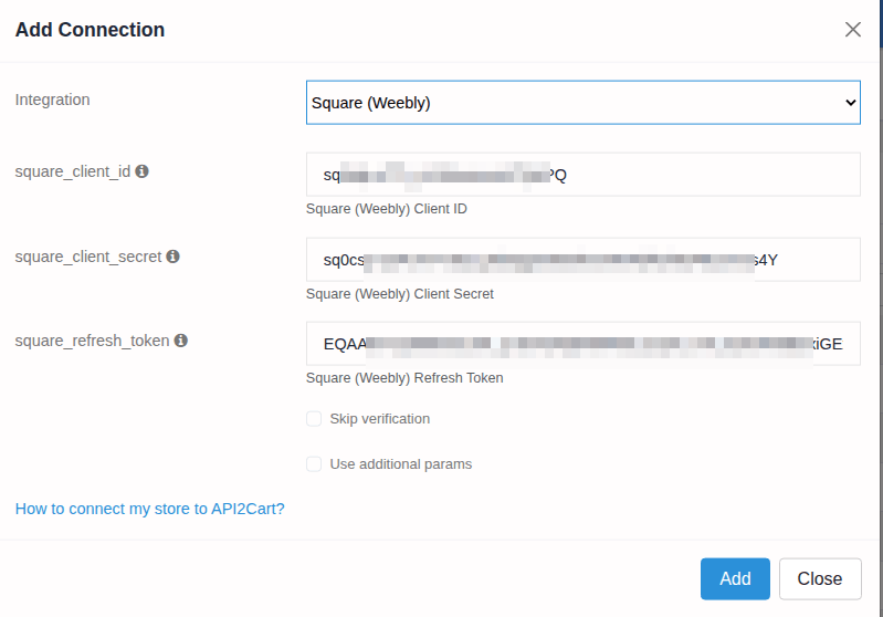Add Square connection in API2Cart dashboard using Client ID, Secret, and Refresh Token