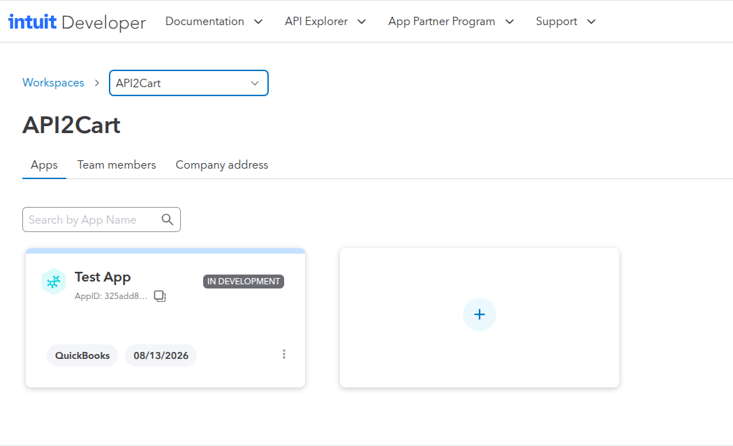 Intuit Developer app dashboard with a workspace selected and the button to create a new app