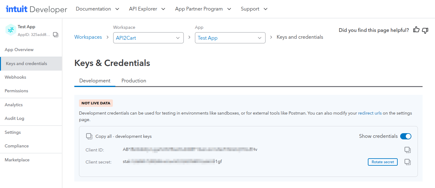 Intuit app Keys and Credentials page with the Development and Production tabs