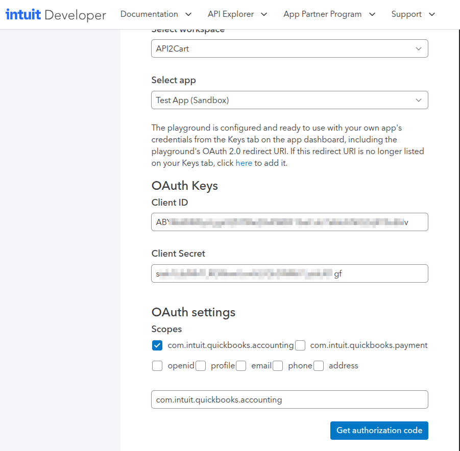 Intuit OAuth 2.0 Playground with the Accounting scope selected and the Get Authorization Code button
