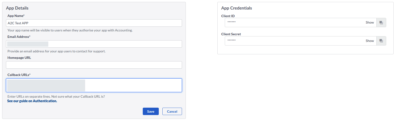 Sage Developer app page with the Client ID and Client Secret needed to connect Sage Accounting to API2Cart